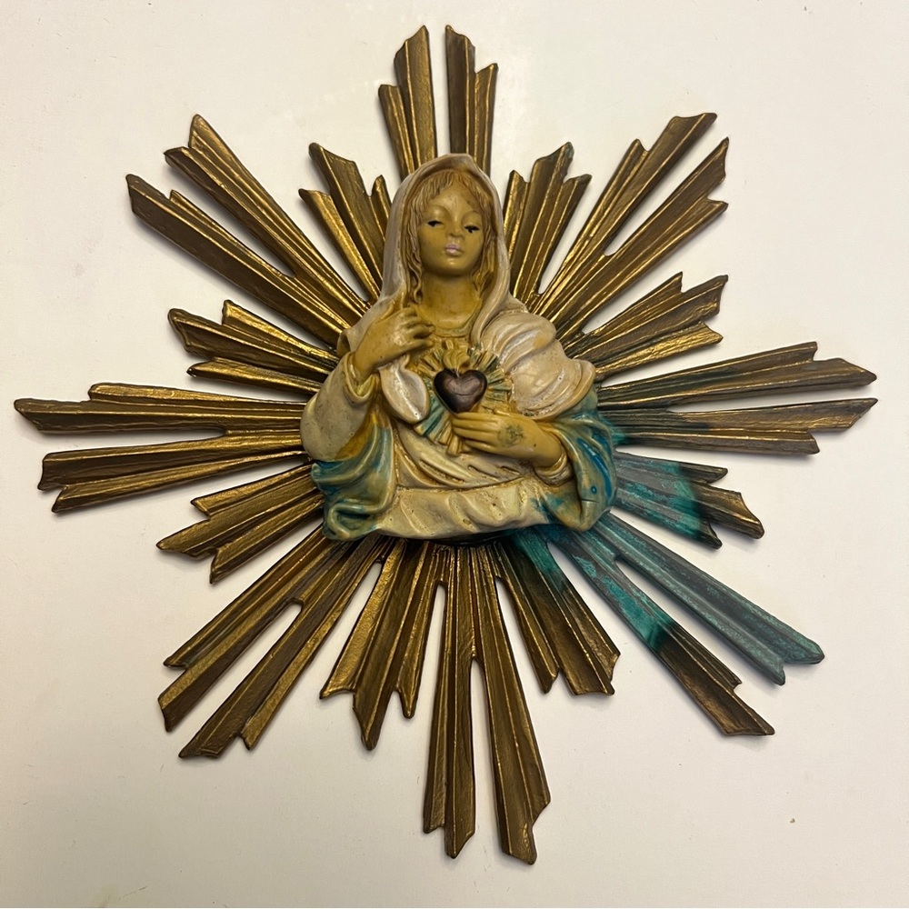 Vintage Religious Wall Plaque with Gold and Blue Accents